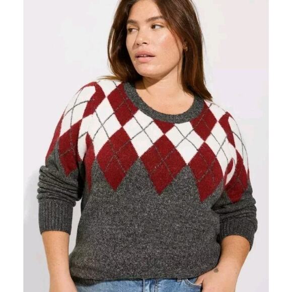 Torrid Vegan Cashmere Pullover Sweater gray burgundy argyle pattern - Picture 1 of 7